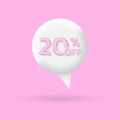 20 percent off icon or label. 3d Speech bubble discount banner isolated on pink background. Modern balloon shape text blank